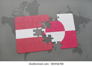 puzzle with the national flag of latvia and greenland on a world map background. 3D illustration