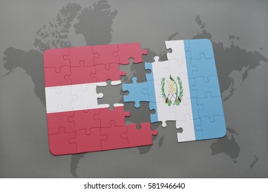 puzzle with the national flag of latvia and guatemala on a world map background. 3D illustration