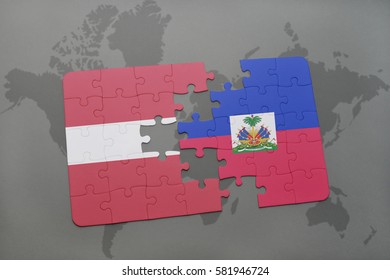 puzzle with the national flag of latvia and haiti on a world map background. 3D illustration