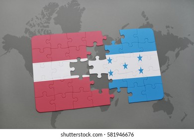 puzzle with the national flag of latvia and honduras on a world map background. 3D illustration