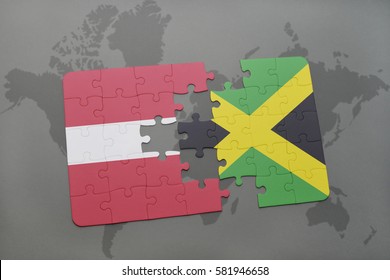 puzzle with the national flag of latvia and jamaica on a world map background. 3D illustration