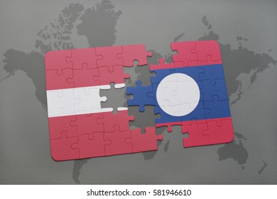 puzzle with the national flag of latvia and laos on a world map background. 3D illustration