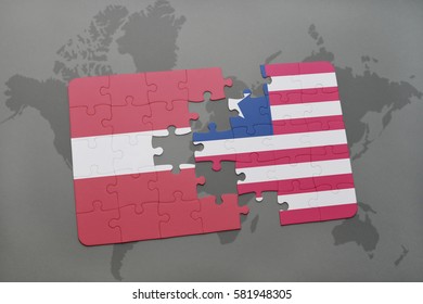 puzzle with the national flag of latvia and liberia on a world map background. 3D illustration