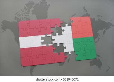 puzzle with the national flag of latvia and madagascar on a world map background. 3D illustration