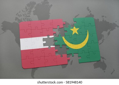 puzzle with the national flag of latvia and mauritania on a world map background. 3D illustration