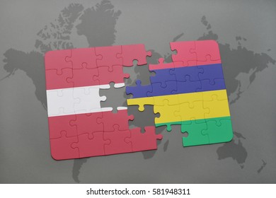 puzzle with the national flag of latvia and mauritius on a world map background. 3D illustration