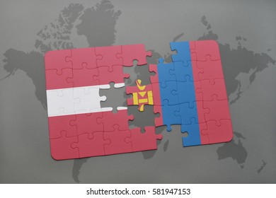 puzzle with the national flag of latvia and mongolia on a world map background. 3D illustration
