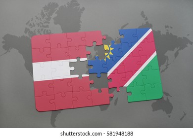 puzzle with the national flag of latvia and namibia on a world map background. 3D illustration