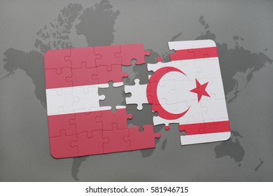 puzzle with the national flag of latvia and northern cyprus on a world map background. 3D illustration