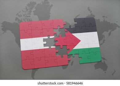 puzzle with the national flag of latvia and palestine on a world map background. 3D illustration