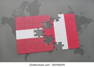 puzzle with the national flag of latvia and peru on a world map background. 3D illustration