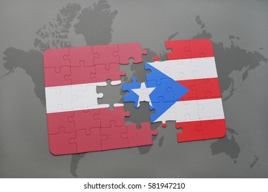 puzzle with the national flag of latvia and puerto rico on a world map background. 3D illustration