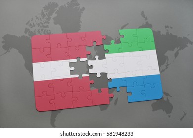 puzzle with the national flag of latvia and sierra leone on a world map background. 3D illustration