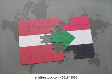puzzle with the national flag of latvia and sudan on a world map background. 3D illustration