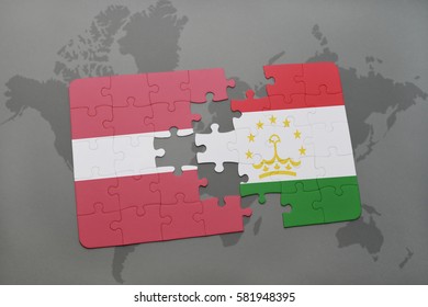 puzzle with the national flag of latvia and tajikistan on a world map background. 3D illustration