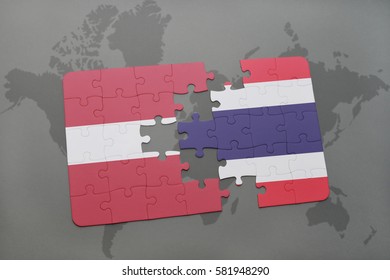 puzzle with the national flag of latvia and thailand on a world map background. 3D illustration