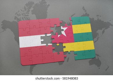 puzzle with the national flag of latvia and togo on a world map background. 3D illustration