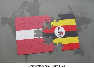 puzzle with the national flag of latvia and uganda on a world map background. 3D illustration
