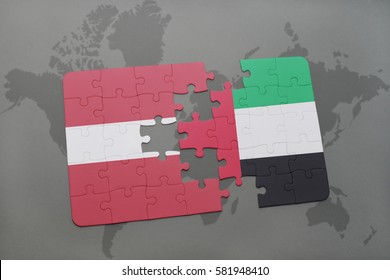 puzzle with the national flag of latvia and united arab emirates on a world map background. 3D illustration