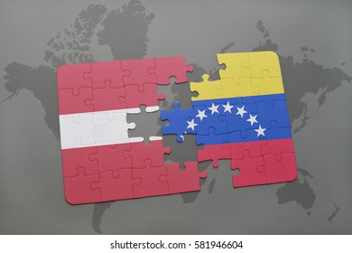 puzzle with the national flag of latvia and venezuela on a world map background. 3D illustration