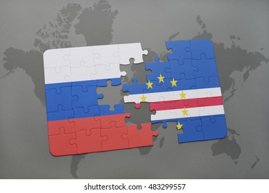 puzzle with the national flag of russia and cape verde on a world map background. 3D illustration