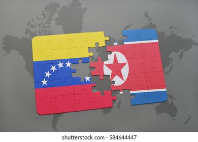 puzzle with the national flag of venezuela and north korea on a world map background. 3D illustration