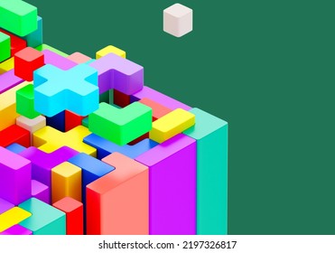 Puzzle Piece From Different Figures. Colored Molds With Glossy Surface. Geometric Shapes Folded Into Rectangle Shape. 3D Image