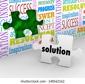 A puzzle piece with the word Solution as the answer to a problem or solved challenge and a wall filled with words such as inspiration, resolution and innovation