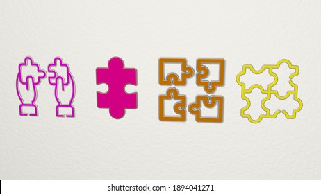 puzzle pieces 4 icons set, 3D illustration