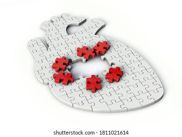 Puzzle pieces in shape of heart. Heart shaped jigsaw 3d illustration isolated on white background.	