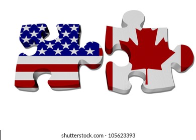 Puzzle Pieces With The US Flag And Canadian Flag Isolated Over White, US Working With Canada, NAFTA