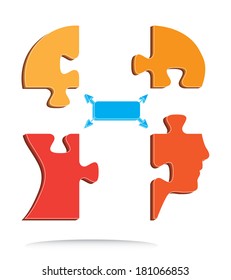 Puzzle shaped head with arrows, creative design.