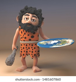 Puzzled 3d Cartoon Caveman Character Wonders About A Flat Earth Conspiracy, 3d Illustration Render