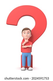 Puzzled Young Kid with a Red Question Mark . 3D Cartoon Character Isolated on White Background 3D Illustration, Problem and Question Concept