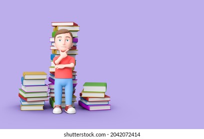 Puzzled Young Kid with Stacks of Colorful Books behind. 3D Cartoon Character on Purple Background with Copy Space 3D Illustration