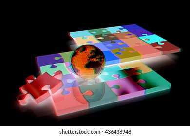 Puzzles and earth.Isolated on a black background. 3D illustration. Anaglyph. View with red/cyan glasses to see in 3D.