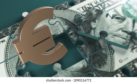 Puzzle-shaped 100 American dollar banknote and gold-colored Euro symbol. On a charcoal green-colored background. Horizontal composition with copy space. Isolated with clipping path. 3d render.