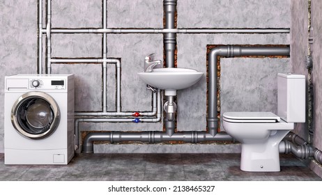 Pvc pipes inside the walls in bathroom with toilet bowl, wash basin and a washing machine, that are connected to pipes, sanitary engineering installing concept, 3d illustration - Powered by Shutterstock