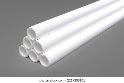 Pvc Pipes. Stack Of White Pvc Pipes Isolated. Plastic Thread Pipe 3D Rendering