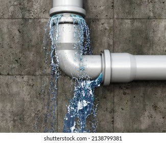 A pvc white elbow leaks and drops the water in places of its connection, concrete wall on background, water flow concept, 3d illustration