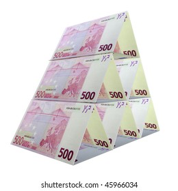 pyramid of 500 euro banknotes isolated on white background