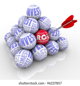 A pyramid of balls marked Invest and an arrow targeting one with the words Return on Investment symbolizing the need to target the best investing strategy