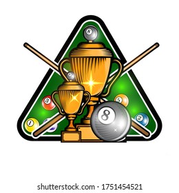 Pyramid Of Billiard Balls With Crossed Cues In Center Of Triangle Green Pool Table On White. Sport Logo For Billiard Game Or Championship