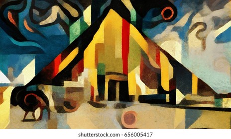 The pyramid of Cheops and the Sphinx in Egypt. Bright and vivid abstraction in the style of modern cubism, geometric elements. Executed in oil on canvas with acrylic painting. In the style of Picasso.