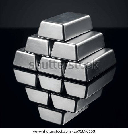 Pyramid of silver bars with sharp reflection on black reflective surface

This image was created using generative AI tools.