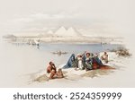 Pyramids of Gezeeh (Giza) from the Nile illustration by David Roberts. Ancient Egyptian historical painting. Vintage ancient Nile river art drawing illustration, old Egypt history painting art print.