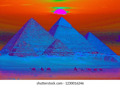 Pyramids Of Giza Sunset Illustration With A Maxfield Parrish Painting Filter.