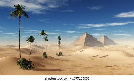 pyramids in the sandy desert with palm trees,
3D rendering