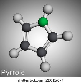 Pyrrole Molecule. It Is Heterocyclic Aromatic Compound, Natural Product, Found In Coffea Arabica. Molecular Model. 3D Rendering. Illustration