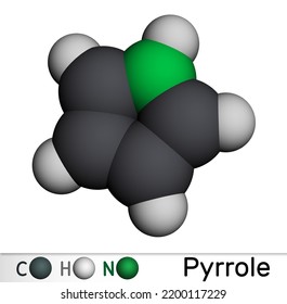 Pyrrole Molecule. It Is Heterocyclic Aromatic Compound, Natural Product, Found In Coffea Arabica. Molecular Model. 3D Rendering. Illustration